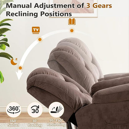 ANJ Rocker Recliner Chair Oversized Manual 360° Swivel Recliners Comfy Glider Rocking Chairs for Big Man Extra Wide Overstuffed Reclining Chair for Living Room, Camel