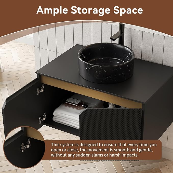 Bathroom Vanity with Sink 30 Inch, Floating Modern Vanity with Vessel Sink, Fluted Bathroom Vanity Cabinet with 2 Doors with Metal Trim, Black Round Sink & Sintered Stone Top, Black