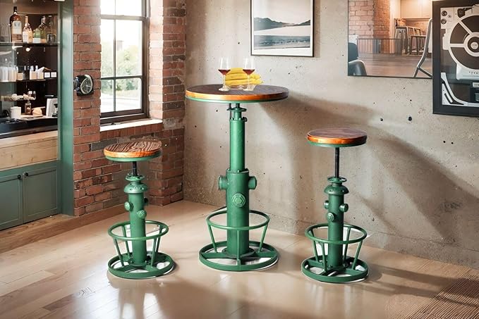Topower 3 Piece Pub Bar Set Retro Round Bar Table and Stools for 2 Height Adjustable Pub Desk and Stools Match Bar Height and Counter Barstool Antique Green(1 Table + 2 Chairs)