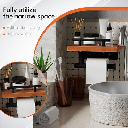 Toilet Paper Holder with Wood Shelf, Wall Mount Toilet Paper Roll Holder with Wooden Shelf and Matte Black Stainless Steel Pipe, Tissue Roll Holder for Bathroom Washroom (Light Brown, 7.9'' x 5.9'')