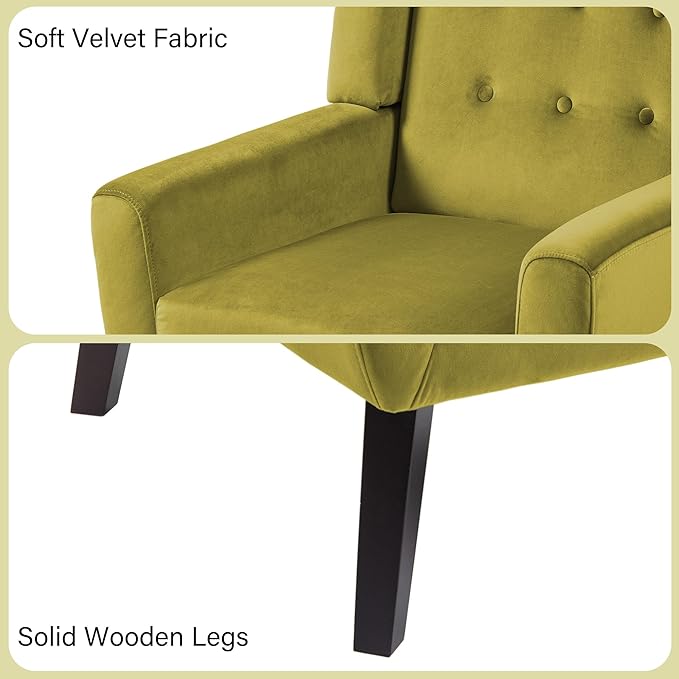 Accent Chair, Mid-Century Modern Velvet Fabric Chairs with Arms for Living Room, Comfy Upholstered Club Single Sofa Armchair for Bedroom Waiting Room with Solid Wood Frame (Velvet Green, Set of 2)