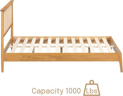NTC Ruby Wooden Bed Frame with Headboard and Natural Rattan, Solid Oak/Rubber Wood Foundation with Silent Slats, 1000 Lb Capacity, Effortless Assembly - King - Rustic Oak