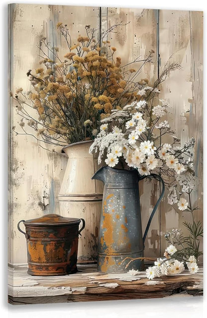 HLXRAE Framed Rustic Farmhouse Bathroom Wall Art, Vintage Country Floral Still Life Wall Decor, White Daisy Canvas Painting, Shabby Chic Flower Poster Print for Living Room Bedroom Kitchen 16"x24"