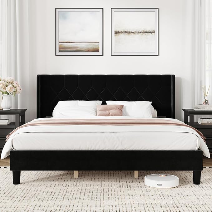 Novilla King Bed Frame, King Bed Frame with Headboard, Velvet Upholstered Pull-Point Wing Side Headboard, No Box Spring Needed, Heavy Duty Feet, Easy Assembly, Black Velvet