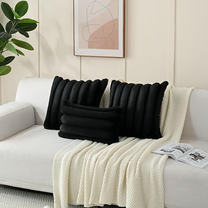 FUTEI Black Decorative Throw Pillow Covers 24x24 Inch Set of 2, Square Soft Faux Rabbit Fur Thick Striped European Cushion Covers,Winter Home Decor for Couch Bed Living Room