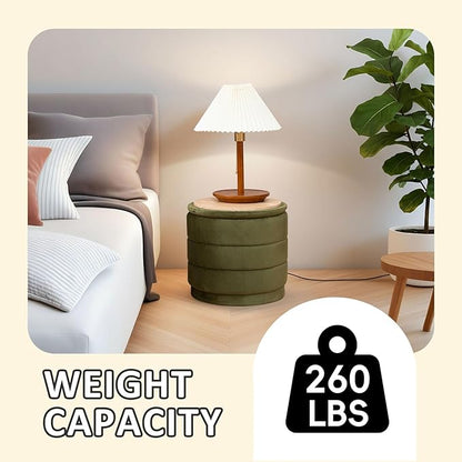 PINPLUS Round Velvet Ottoman Tray, Olive Green Upholstered Decorative Accent for Footstool or Coffee Table, Removable Serving Surface