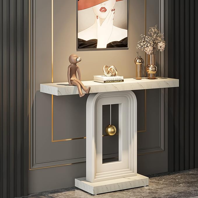 Tribesigns Modern Console Table, 40 Inches Faux Marble Sofa Table, Contemporary Entryway Table with Pendulum Shape Base for Living Room Hallway Entrance, White