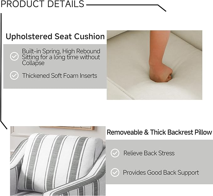 UIXE Swivel Accent Chairs Set of 2, Fabric Upholstered Arm Chair for Living Room, Modern Club Armchair Comfy Single Sofa Bedroom Reading Seat with Lumbar Pillow - Stripe Gray