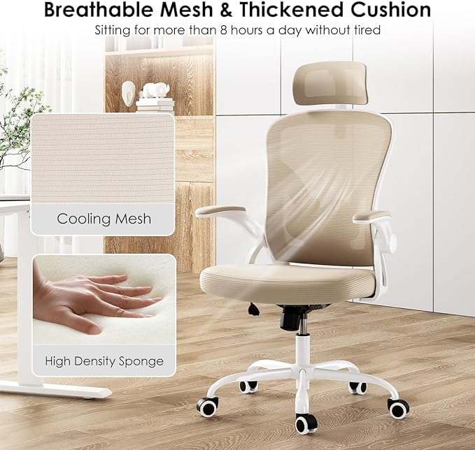 Farini Ergonomic Office Chair, Home Office Desk Chair with Headrest, High Back Computer Chair with Armrests and Adjustable Lumbar Support for Home Office Study Room, White & Khaki