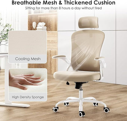 Farini Ergonomic Office Chair, Home Office Desk Chair with Headrest, High Back Computer Chair with Armrests and Adjustable Lumbar Support for Home Office Study Room, White & Khaki
