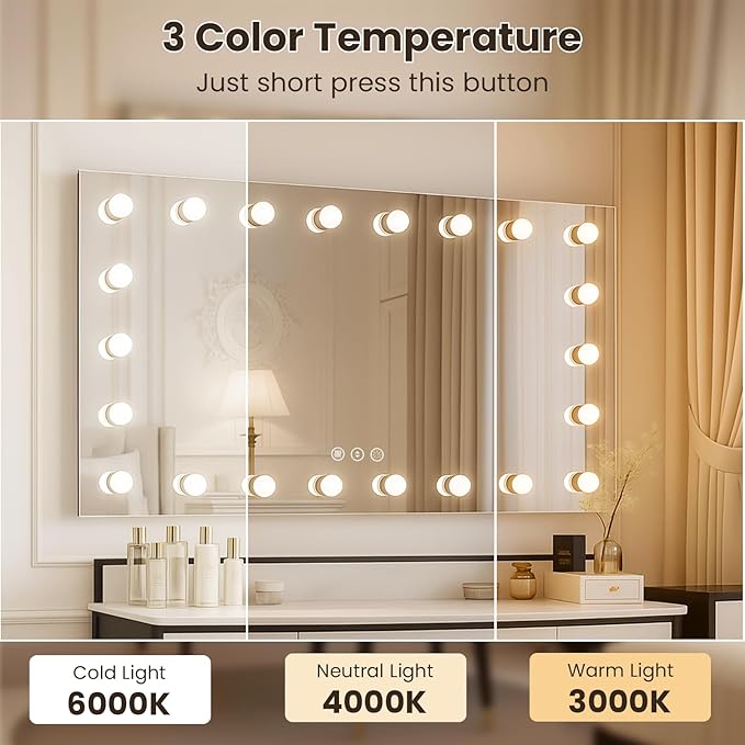 WTTY LED Bathroom Mirror with Lights 48"x36" Hollywood Wall-Mounted Mirror with 3 Color Temperatures, Stepless Dimmable Bulbs, Anti-Fog & Shatter-Proof