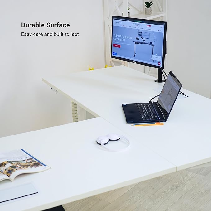 Progressive Desk Stand Up Height Adjustable Standing Desk - L Shaped 85" x 72" Corner Computer Rising Workstation Electric Table - Ebony Oak, Black Frame