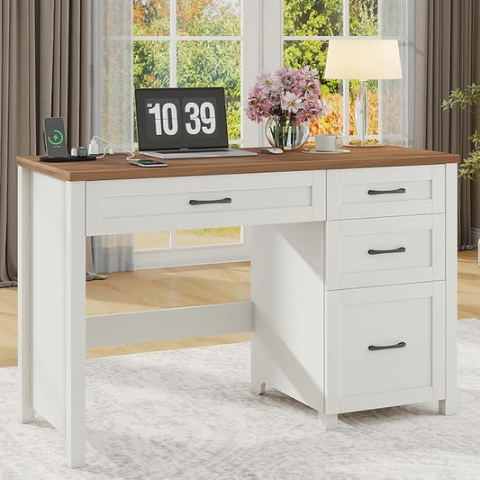 Vabches Farmhouse 47" Executive Desk, Computer Desk with File Drawer and Charging Station, Workstation for Home Office & Study.Off White