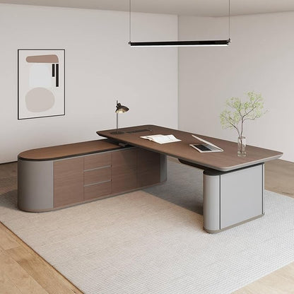 SAINTCY Large Executive Office Desk with File Cabinet, 86.6 Inch Sit & Stand L Shaped Executive Desk, Adjustable Luxury Office Desks for Boss, Business Owners, Managers and Supervisors Return Left