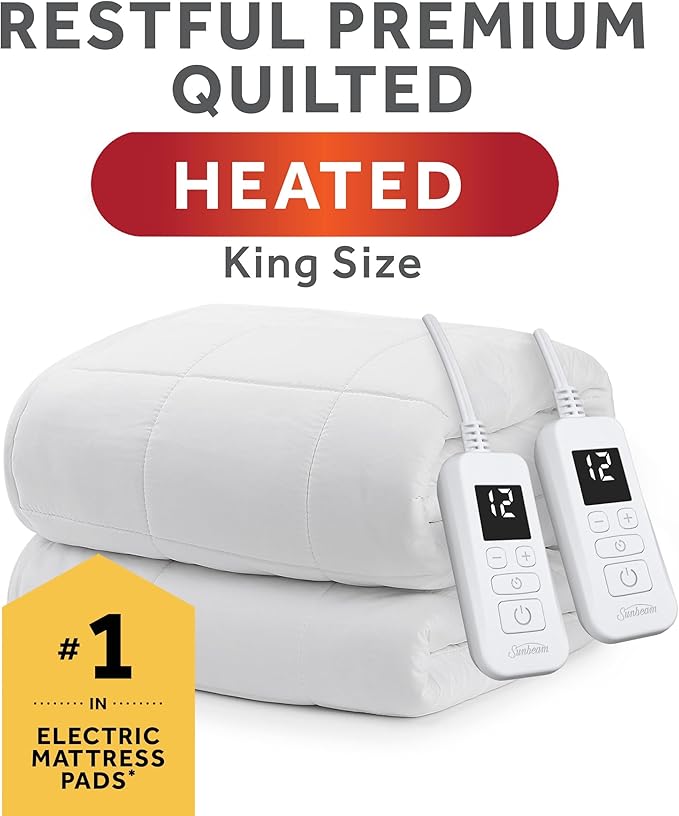 Sunbeam Restful Premium Quilted Heated Mattress Pad - King White