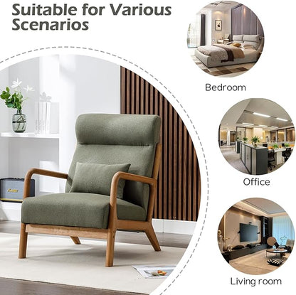 INZOY Mid Century Modern Accent Chair Set of 2, High Back Reading Armchair with Wood Frame, Upholstered Living Room Chairs with Waist Cushion, Single Lounge Arm Chair for Bedroom Sunroom, Green