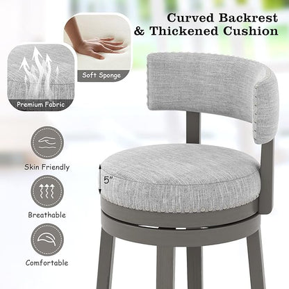 COSTWAY Bar Stool, 27-inch 360° Swivel Barstool with Upholstered Back & Seat, Solid Rubber Wood Legs & Footrest, Farmhouse Counter Height Chair for Home, Bar, Cafe, Grey (1, Seat Height 27‘’)