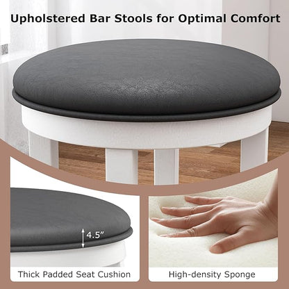 COSTWAY Upholstered Bar Stools Set of 2, 25” Counter Height Bar Chairs with Padded Cushion & Wooden Frame, Faux Leather Backless Stools for Kitchen, Dining Room, Pub, White + Grey