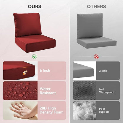 Luxury 6" Outdoor Cushions for Patio Furniture, 24x24x6" Thick Seat Cushion Set of 2, Fade Resistant Couch Chair Replacement Cushions High Density Deep Wicker Chair Cushion w/ Removable Cover, Red