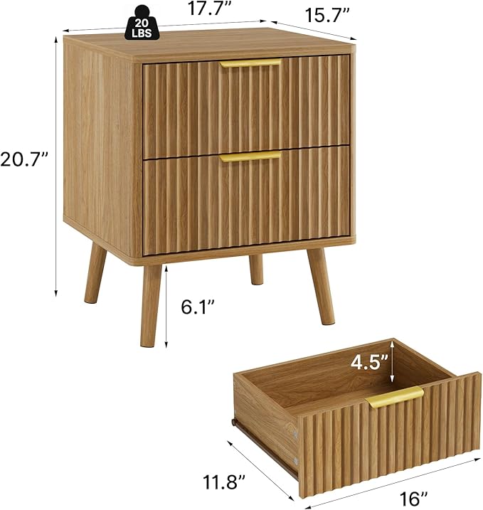 LYNSOM Fluted Dresser and Nightstand Sets 2 Piece, 2-Drawer Nightstands and 5-Drawers Dresser, Wood Bedroom Furniture Set for Home, Bedroom, Hallway, Natural Oak