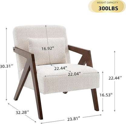 Mid-Century Modern Accent Chair Set of 2 with Solid Wood Frame，Upholstered Chenille Living Room Arm Chairs with Pillow for Bedroom, Living Room, Reading Room, Balcony, Beige