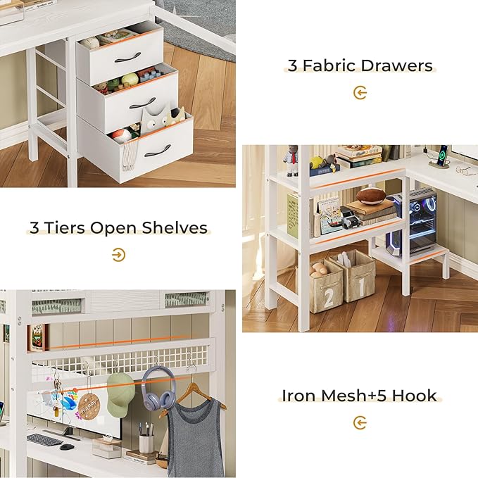 ADORNEVE Loft Bed Twin Size with L-Shaped Desk, LED Lights,Charging Station, Twin Metal Loft Bed Frame with Fabric Drawers & Shelve, 13.4" H Safety Guardrail, No Box Spring Needed, White