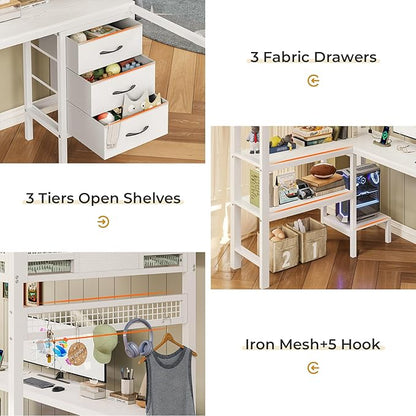 ADORNEVE Loft Bed Twin Size with L-Shaped Desk, LED Lights,Charging Station, Twin Metal Loft Bed Frame with Fabric Drawers & Shelve, 13.4" H Safety Guardrail, No Box Spring Needed, White