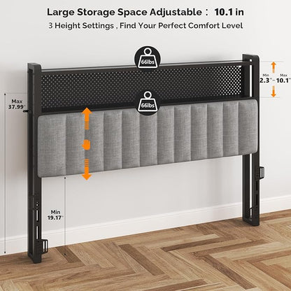 VINGLI Full Size Headboard Only, Adjustable Upholstered Headboard with 2 Tier Shelves and Pegboard with Charging Stations and LED Lights, Modern Bed Headboard with Storage for Bedroom Decor