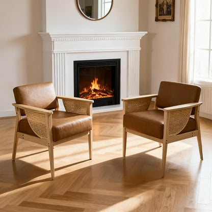 Mid Century Modern Accent Chair Set of 2, Rattan Armchair with Wood Legs Living Room Chair PU Leather Upholstered Lounge Chair for Bedroom Reading Room, Brown