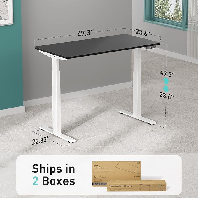 3 Stages Dual Motor Electric Standing Desk with One Piece Desktop, 48 x 24 Inch Adjustable Height Sit to Stand Up Desk for Home Office, Work & Study, White Frame & Black Desktop (2 Packages)