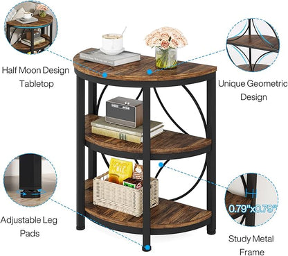 Tribesigns Half Round End Table for Living Room Set of 2, 3-Tier Half Side Table with Metal Frame, Industrial Half Moon Table, Half Circle Accent Table for Entryway, Bedroom, Rustic Brown