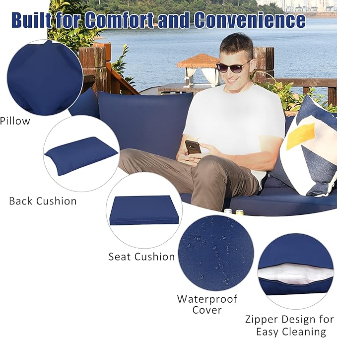 Tangkula 7 Pieces Patio Rattan Furniture Set, Patiojoy Outdoor Conversation Set with Cushions and Tempered Glass Coffee Table, All-Weather Sectional Sofa Set for Garden, Lawn, Backyard (Navy Blue)