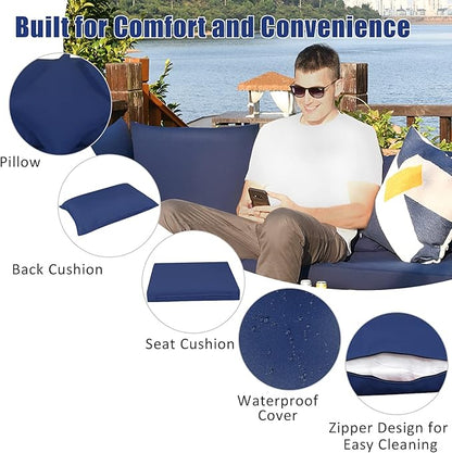 Tangkula 7 Pieces Patio Rattan Furniture Set, Patiojoy Outdoor Conversation Set with Cushions and Tempered Glass Coffee Table, All-Weather Sectional Sofa Set for Garden, Lawn, Backyard (Navy Blue)