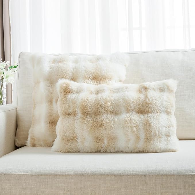 FUTEI Beige White Decorative Throw Pillow Covers 18x18 Inch Set of 2,Soft Fuzzy Faux Rabbit Fur Cushion Covers with Raised Texture,Neutral Boho Home Decor for Couch Bed Living Room