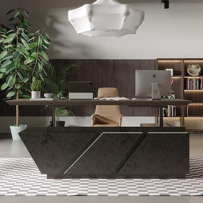 SAINTCY Adjustable Executive Desk - Luxury L Shaped Desk with Drawers, Large Table with File Cabinets, Executive Office Desks with LED Light Strip Home Office Desk for Professionals