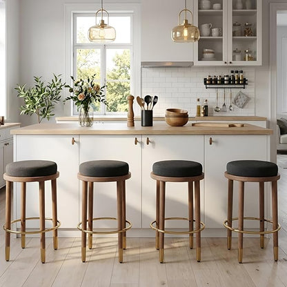 26'' Rustic Backless Bar Stools, Counter Height Chairs Set of 6, Round Kitchen Stools for Island, Farmhouse Charcoal Linen Upholstered Wood With Hardwood Legs and Footrest