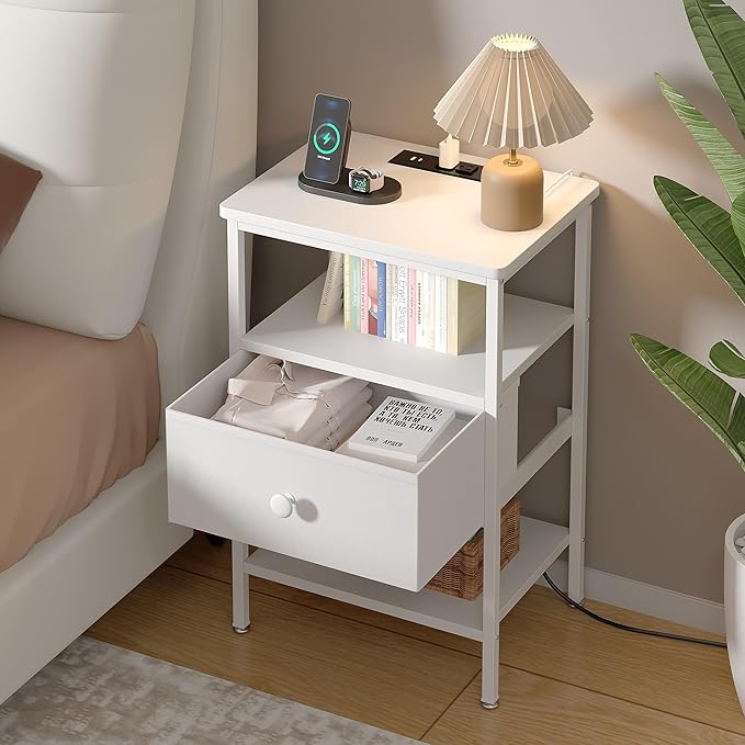 VECELO Night Stand Set 2, Nightstand with Charging Station, End Tables with Open Storage Shelf, Bed Side Tables with Fabric Drawers for Bedroom,Living Room,Elegant White