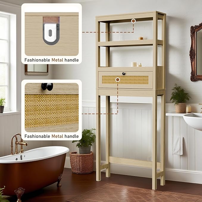 Over The Toilet Storage Cabinet, Behind Toilet Bathroom Organizer with Adjustable Shelves, Above Toilet Organizers with Rattan Door, Space Saver for Restroom, Bathroom, Laundry