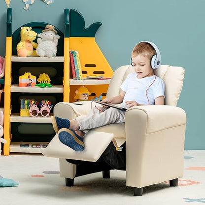 Costzon Kids Recliner Chair with Cup Holder, Toddler Furniture Children Armrest Sofa w/Headrest & Footrest for Girls Boys Baby Bedroom, Kids Room, PU Leather Kids Recliner Couch (Beige)