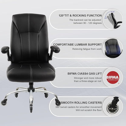 Big and Tall Office Chair for Heavy People, Executive Desk Computer Chair Adjustable Flip-up Armrests, PU Leather Swivel Task Chair with Ergonomic High Back and Lumbar Support