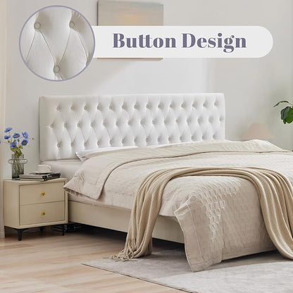 Kingfun Tufted Upholstered Queen Size Bed Headboard in Modern Button Design, Adjustable Solid Wood Head Board, Premium Velvet Fabric Padded Headboards in Bedroom (White)