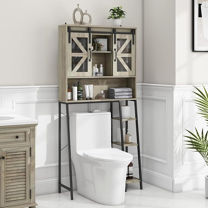 Over The Toilet Storage Cabinet, Farmhouse Storage Cabinet Over Toilet with Sliding Barn Door，Home Space-Saving Toilet Rack, for Bathroom, Restroom, Laundry(Grey).