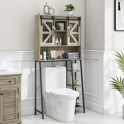 Over The Toilet Storage Cabinet, Farmhouse Storage Cabinet Over Toilet with 2 Sliding Barn Door，Home Space-Saving Toilet Rack, for Bathroom, Restroom, Laundry.(Grey)