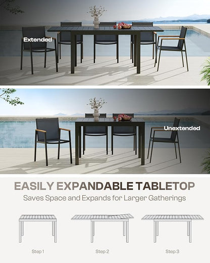 Expandable Outdoor Patio Dining Table Set for 6-8 Person, Aluminum Outdoor Table and 4 Chairs with Textilene Fabric & HDPS Armrest, All-Weather Patio Furniture Set for Yard, Garden, Gray