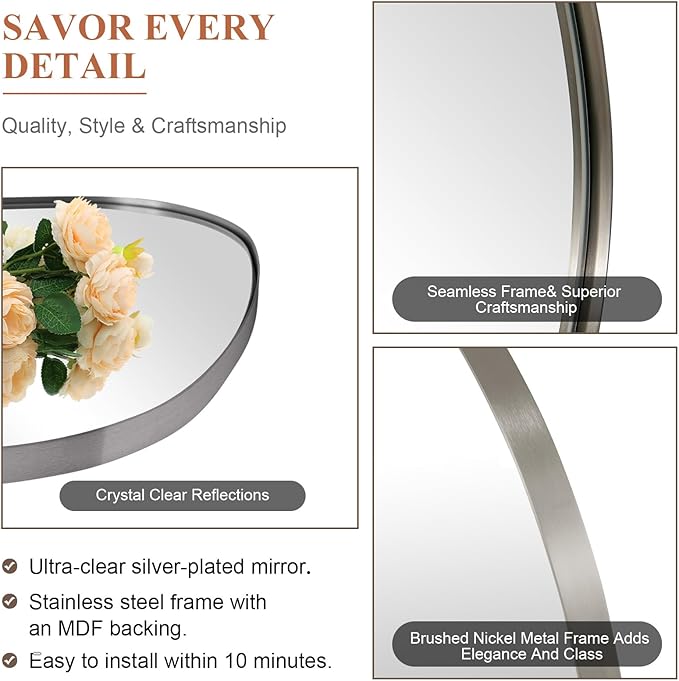 ANDY STAR Brushed Nickel Mirror, 24"x36" Silver Asymmetrical Wall Mirror for Bathroom, Unique Irregular Design with SUS304 Stainless Steel Metal Frame, Ideal for Bathroom, Bedroom, Entryway