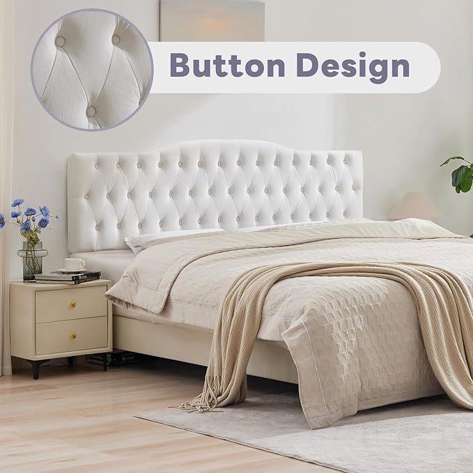 Upholstered King Headboard, Button Diamond Tufted Headboard with Adjustable Height and Solid Wood Leg, Velvet Padded Headboards for King Size Bed, Modern Head Board, White