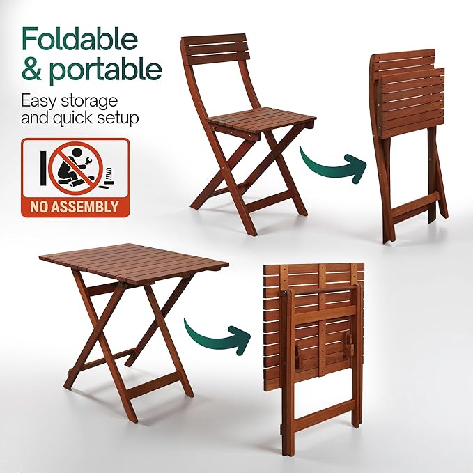 Tranquillo Foldable Eucalyptus Wood Bistro Set – 3-Piece Outdoor Patio Table and Chairs Set, Compact Folding Balcony Furniture, Weather & Water Resistant Garden Set for Small Spaces
