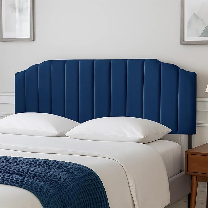 Upholstered Headboard Adjustable Height Queen/King Headboard Cream Velvet Tufted Modern Vertical Channel Design with Stepped Silhouette Top Edge(Blue King)