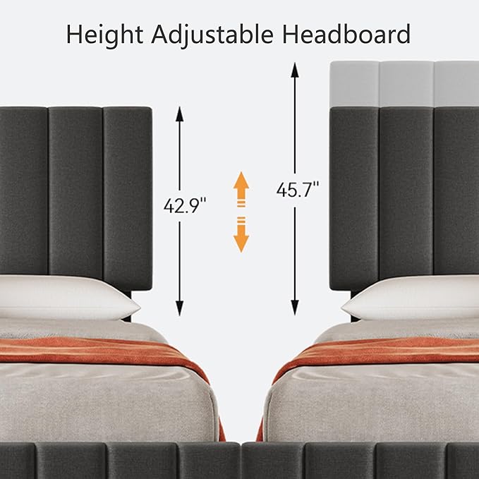 Garvee King Size Bed Frame with 4 Storage Drawers, Adjustable Height Headboard, Linen Upholstered Platform Bed Frame, No Box Spring Needed, Easy Assembly, Grey