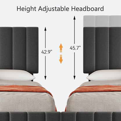 Garvee Full Size Bed Frame with 4 Storage Drawers, Adjustable Height Headboard, Linen Upholstered Platform Bed Frame, No Box Spring Needed, Easy Assembly, Grey